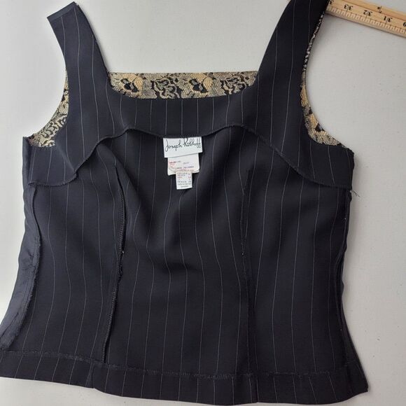 Vintage Joseph Ribkoff Suit Top Skirt Small 6 Pinstripe Blk Gold Lace - Picture 7 of 16